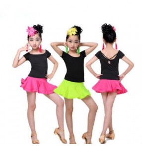 Neon green fuchsia hot short sleeves girls kids children school play performance competition latin salsa dance dresses sets